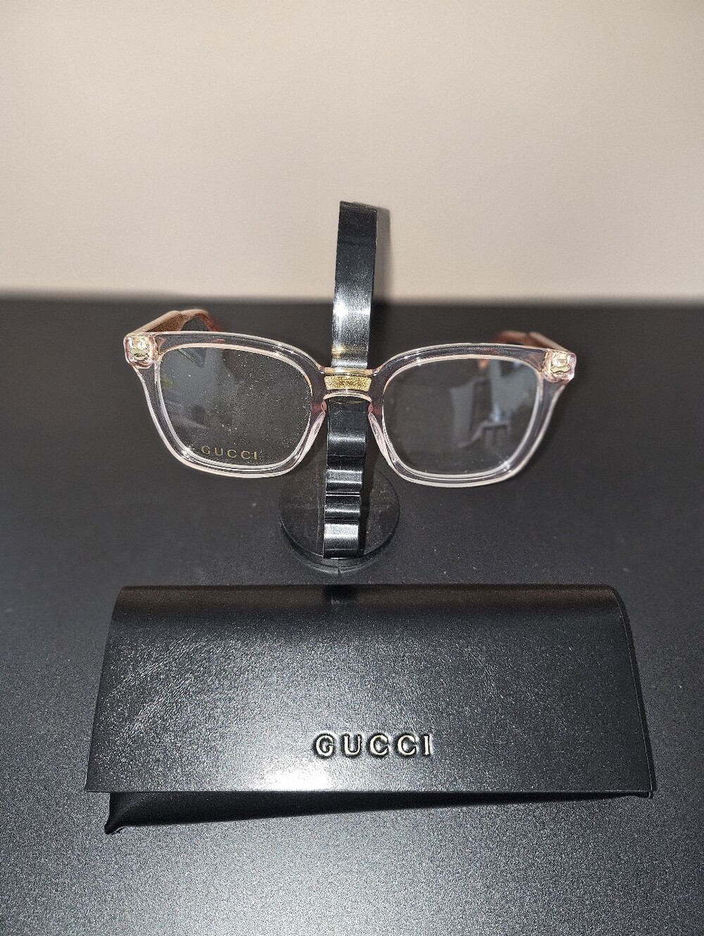 Gucci Clear Pink Frame Sunglasses with Gold Accents